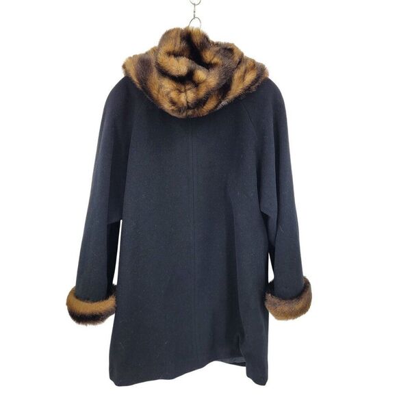Vintage 80s Black Wool Coat 2X Faux Fur Hood Cuffs Button Front USA City Classic - Picture 10 of 11